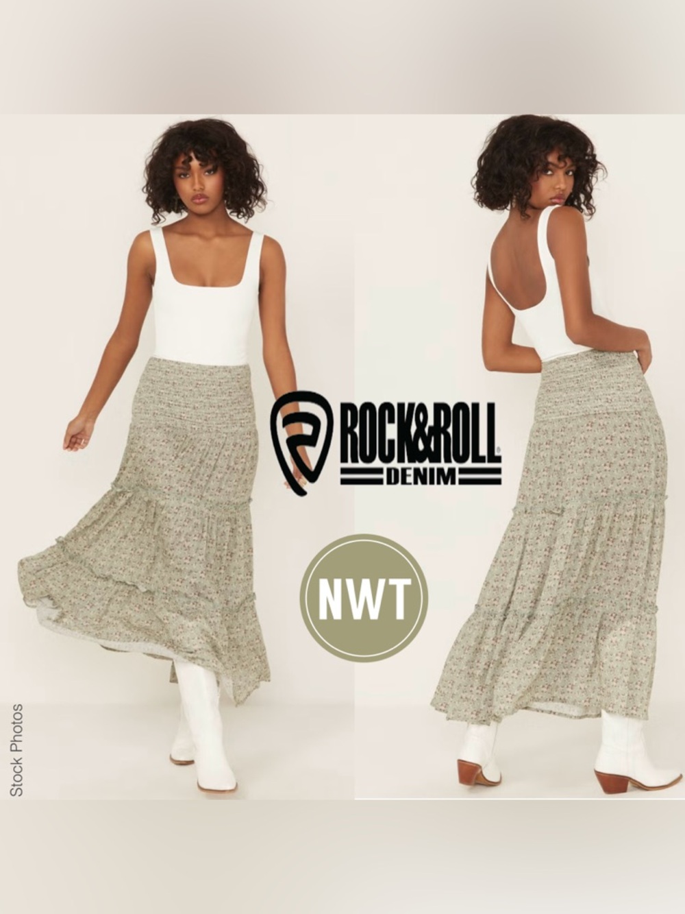NWT Rock&Roll Denim Tiered Maxi Western Cowgirl Skirt Jade NWT (XXL)